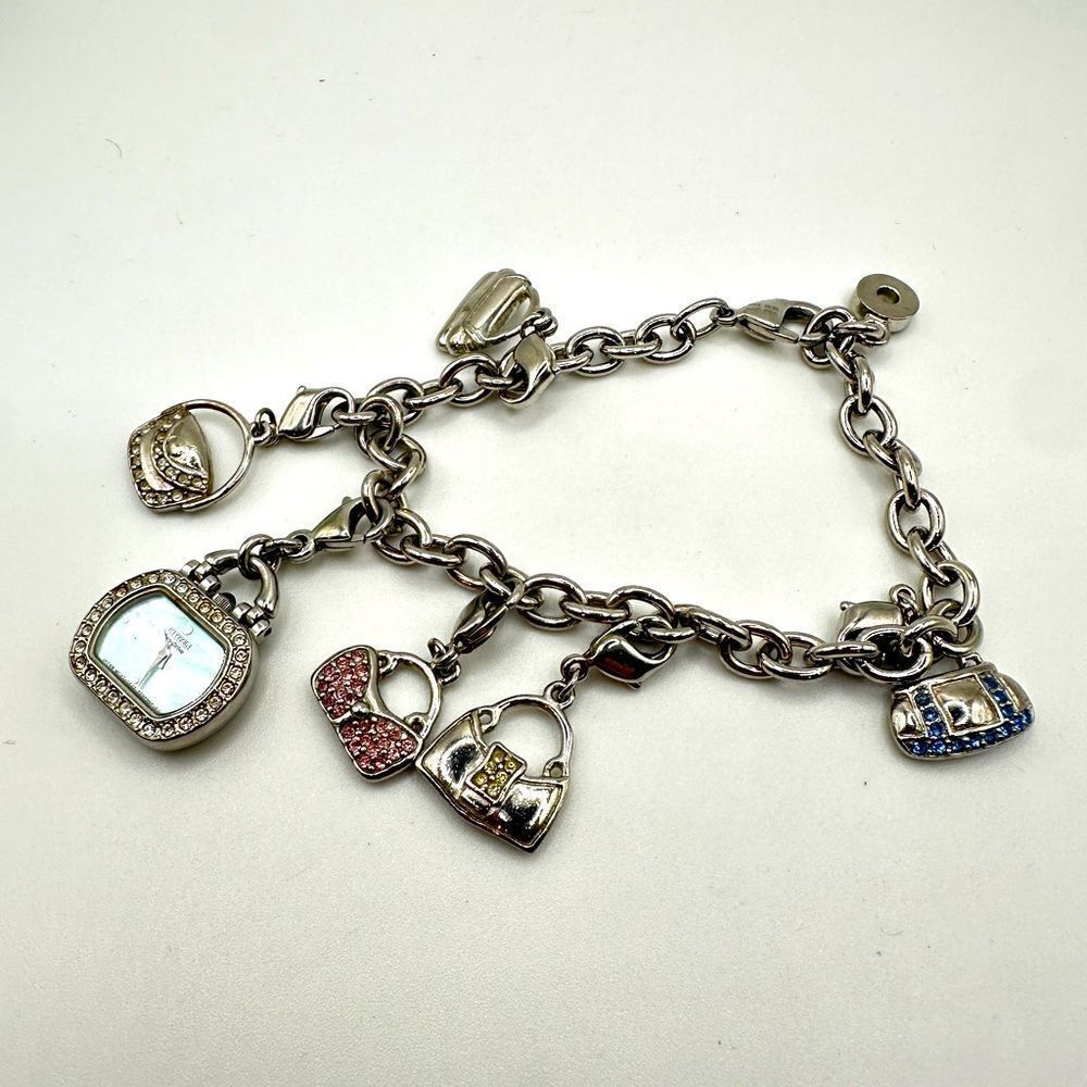 Citizen Eco-Drive Rhinestone Watch Purses Charm‎ Bracelet Silver Tone